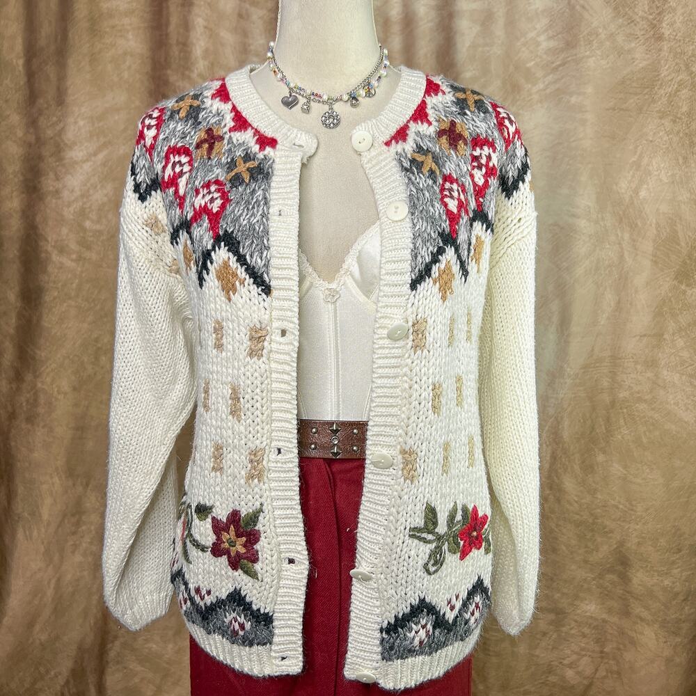 Vintage Fair Isles Sweater Cardigan 90s Nordic Floral Embroidered Cottagecore